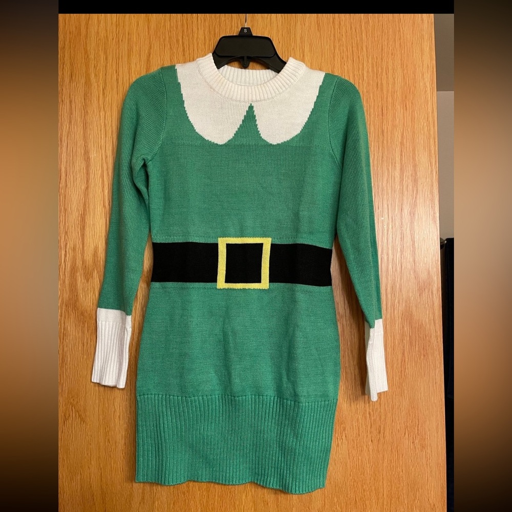 (XS) Christmas Elf Tipsy Elves White and Green Knit Sweater Dress